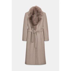 ZARA WOOL COAT WITH FAUX FUR LAPEL AND BELT